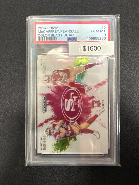 2024 Panini Prizm NFL McCaffrey/Pearsall Dual Color Blast Rookie PSA 10