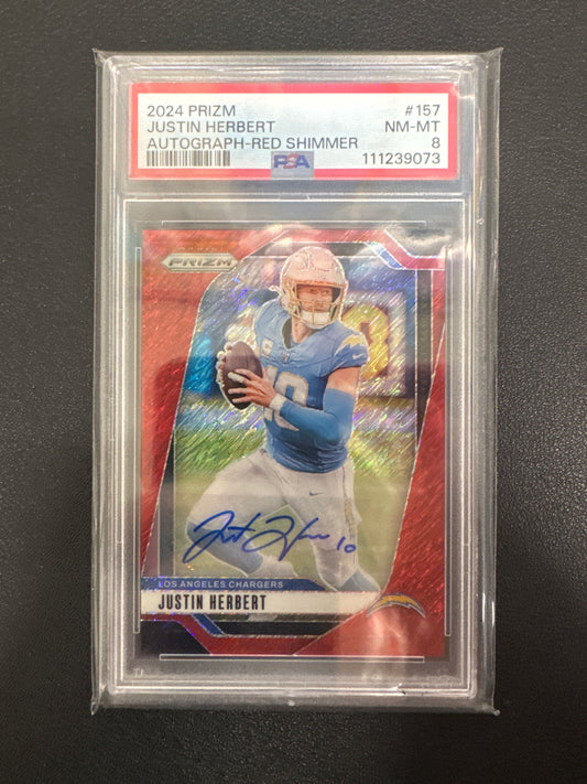 2024 Panini Prizm NFL Justin Herbert Red Shimmer Autograph /35 PSA 8