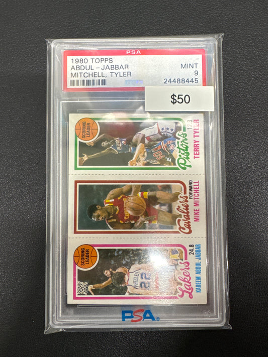 1980 Topps NBA Kareem Abdul-Jabbar, Mike Mitchell & Terry Tyler PSA 9