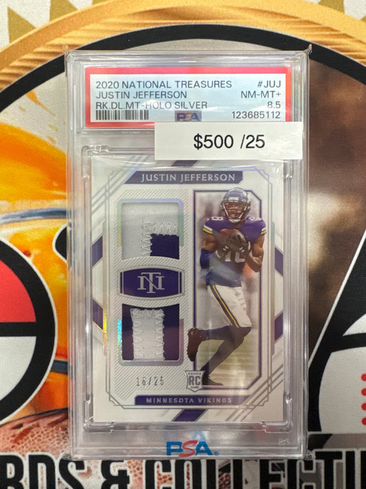 2020 Panini National Treasures Justin Jefferson Rookie Dual Material Holo Silver /25 PSA 8.5