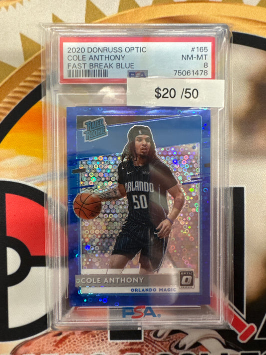 2020 Panini Donruss Optic NBA Cole Anthony Rated Rookie Fast Break Blue /50 PSA 8