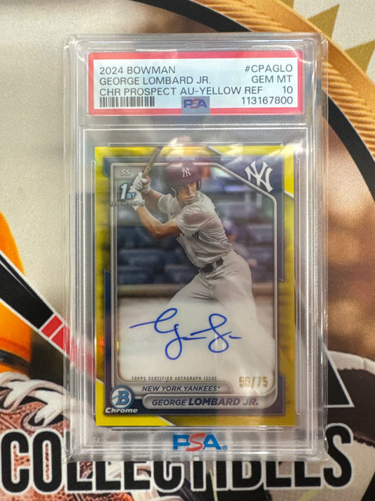 2024 Bowman George Lombard Jr Chrome Prospect Autograph Yellow Refractor /75 PSA 10
