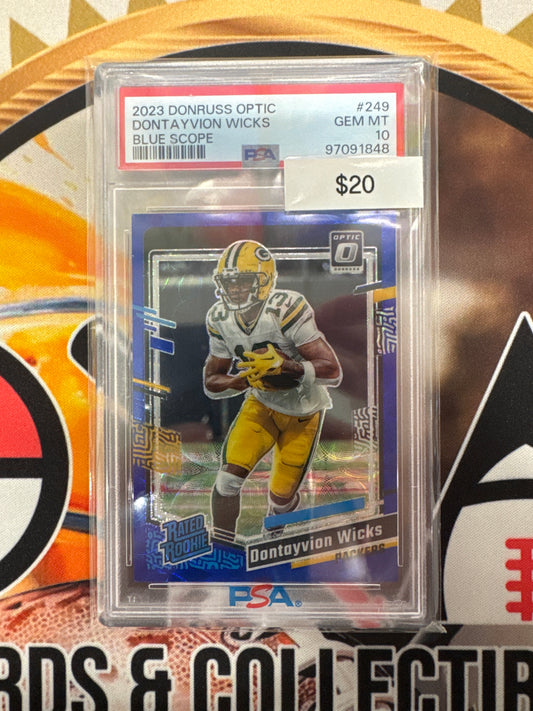 2023 Panini Donruss Optic NFL Dontayvion Wicks Rated Rookie Blue Scope PSA 10