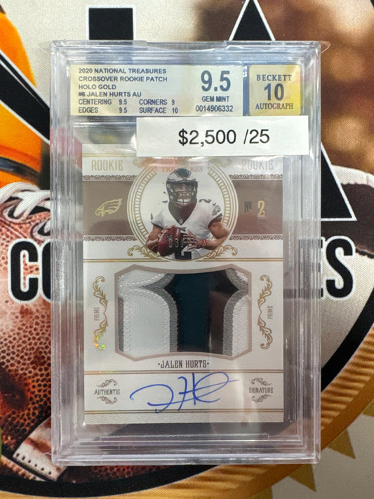 2020 Panini National Treasures Jalen Hurts Crossover Rookie Patch Autograph Holo Gold /25 BGS 9.5 Auto 10