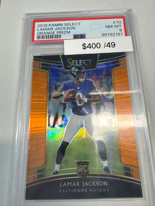 2018 Select Lamar Jackson orange Prizm /49 PSA 8