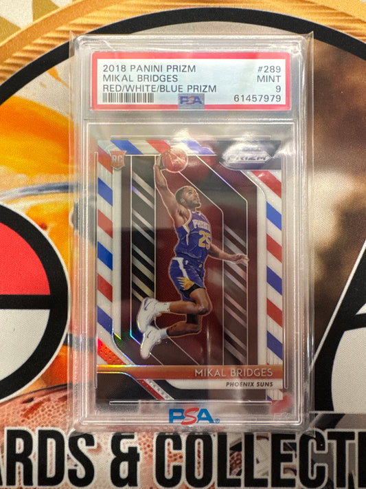 2018 Panini Prizm NBA Mikal Bridges Rookie Red/White/Blue Prizm PSA 9