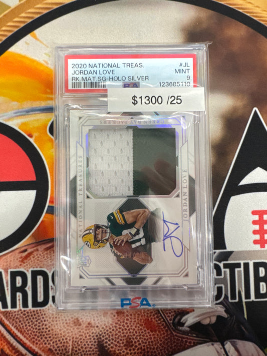 2020 Panini National Treasures Jordan Love Rookie Materials Signature Holo Silver /25 PSA 9