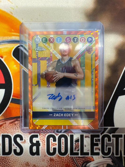 2025 Topps Chrome NBA Zach Edey Rookie Next Stop Autograph Orange Geometric /25