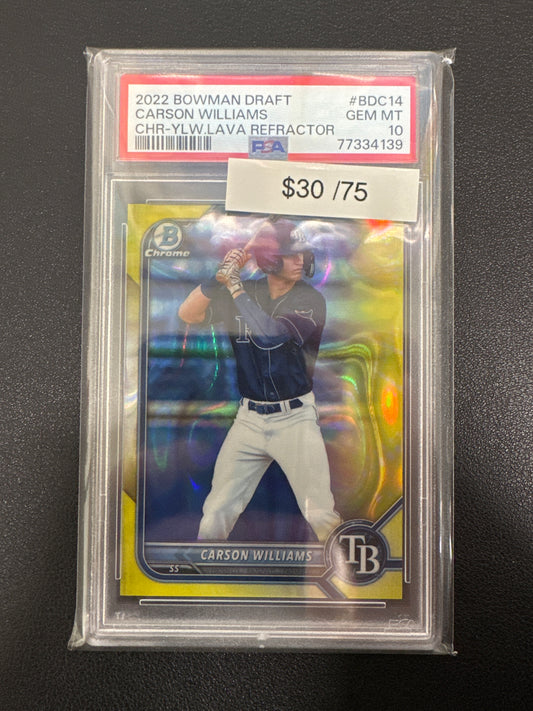 2022 Bowman Draft Carson Williams Chrome Yellow Lava Refractor /75 PSA 10