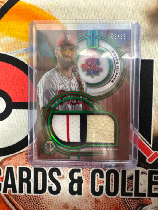 2025 Topps Tribute MLB Bryce Harper Tribute Dual Patch Game Used Green Refractor /99