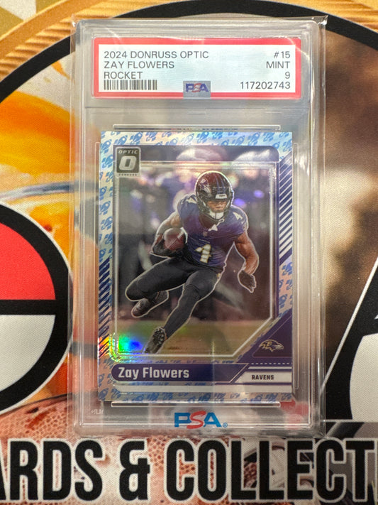 2024 Panini Donruss Optic NFL Zay Flowers Rocket Refractor PSA 9
