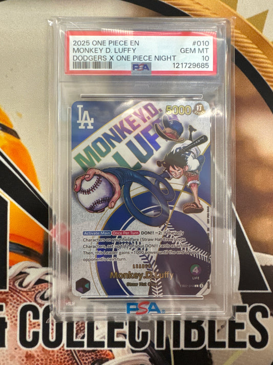 2025 One Piece English Monkey D. Luffy Dodgers X One Piece Night PSA 10