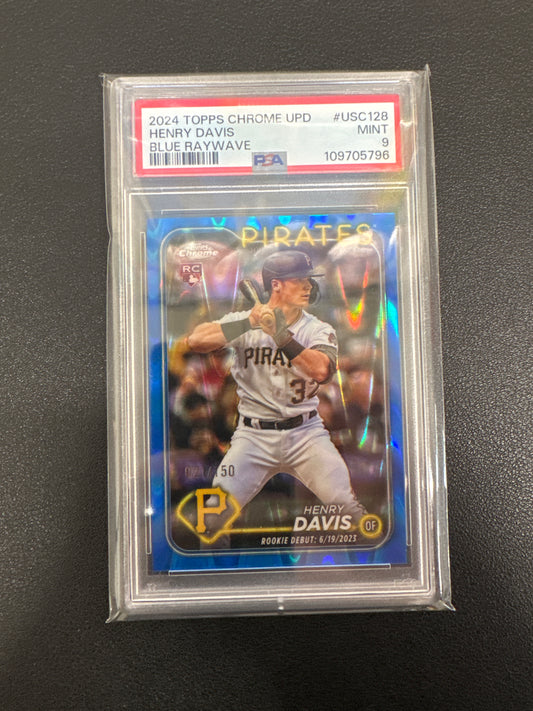 2024 Topps Chrome Baseball Chrome Update Henry Davis Rookie Blue Raywave /150 PSA 9