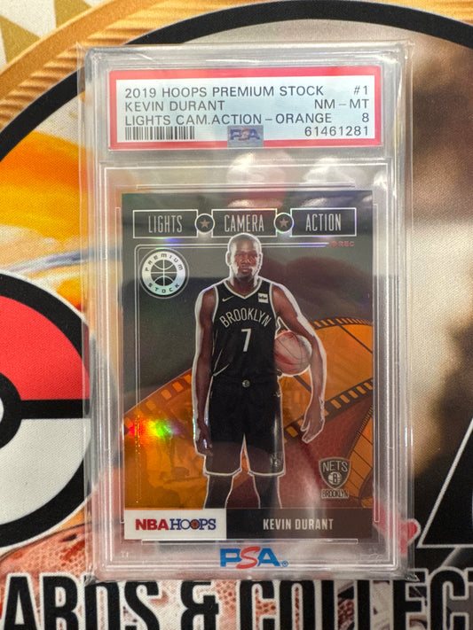 2019 Panini Hoops Premium Stock NBA Kevin Durant Lights, Camera, Action Orange PSA 8