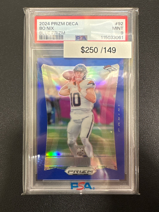 2024 Panini Prizm Deca Bo Nix Rookie Blue Prizm /149 PSA 9