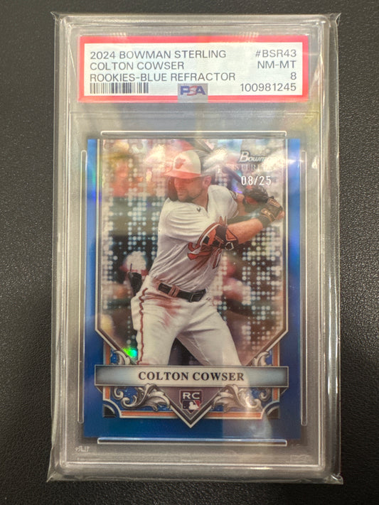 2024 Bowman Sterling Colton Cowser Rookie Blue Refractor /25 PSA 8