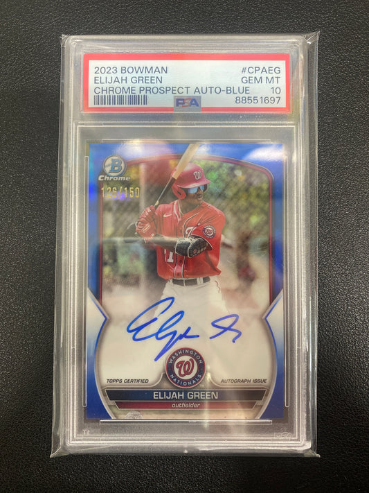 2023 Bowman Elijah Green Chrome Prospect Auto Blue Refractor /150 PSA 10