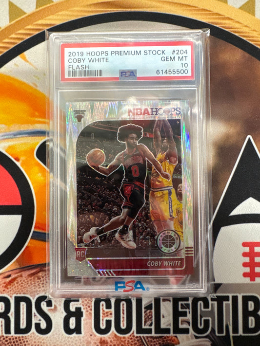 2019 Panini Hoops Premium Stock NBA Coby White Rookie Flash PSA 10