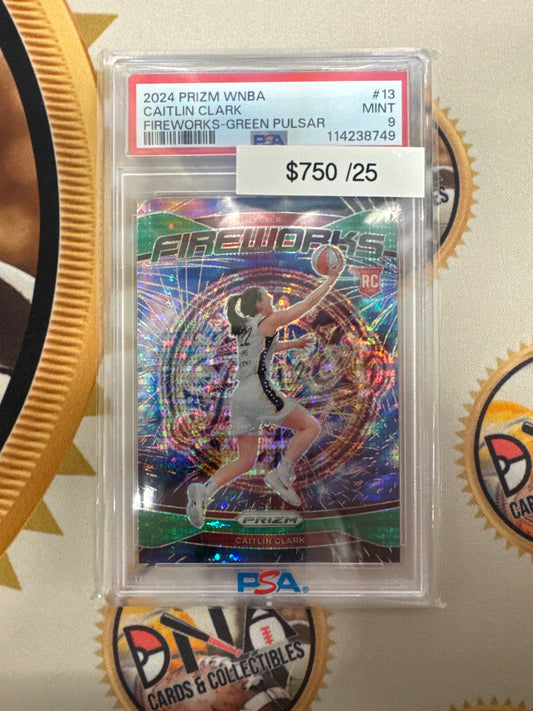 2024 Panini Prizm WNBA Caitlin Clark Rookie Fireworks Green Pulsar /25 PSA 9