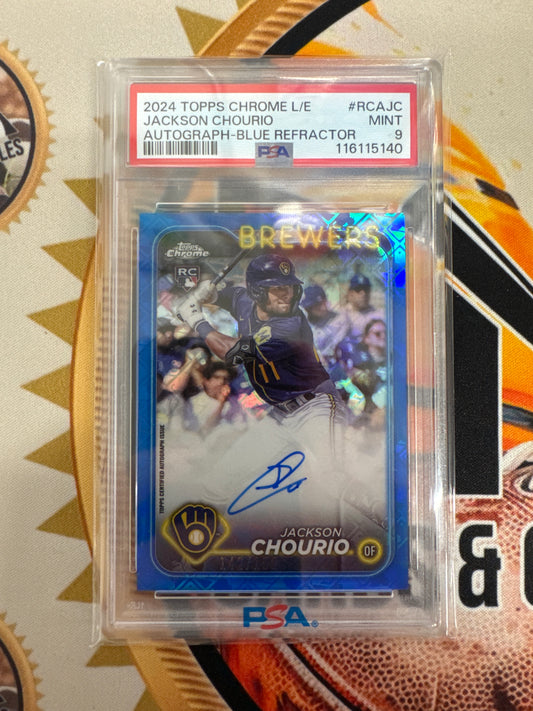 2024 Topps Chrome MLB Logofractor Edition Jackson Chourio Rookie Autograph Blue Refractor /150 PSA 9