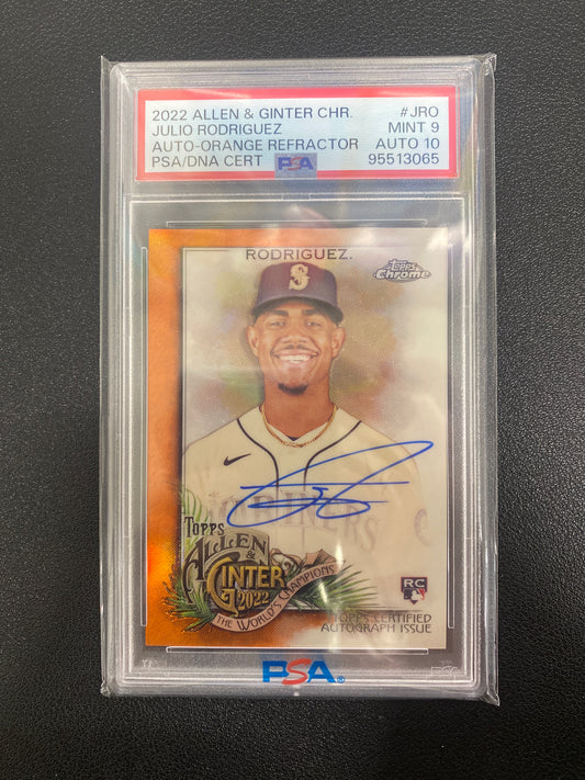 2022 Topps Allen & Ginter Chrome Julio Rodriguez Rookie Orange Refractor /25 PSA 9 Autograph 10
