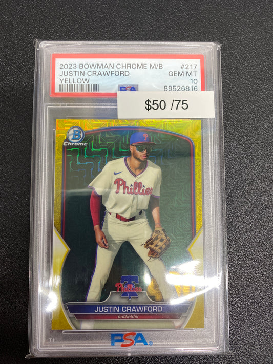 2023 BOWMAN CHROME M/B Justin Crawford Yellow /75 PSA 10