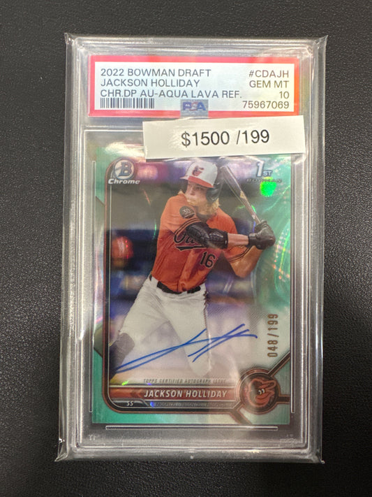 2022 Bowman Draft MLB Jackson Holliday Chrome Draft Picks Autograph Aqua Lava Refractor /199 PSA 10