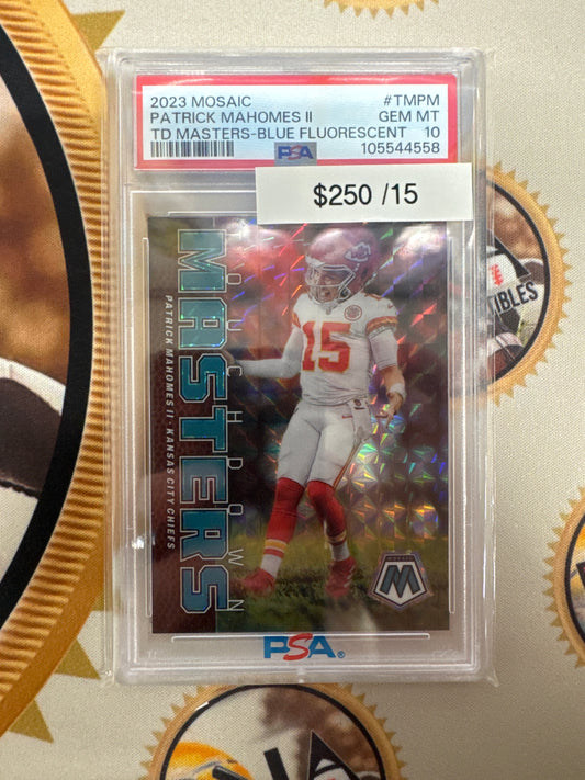 2023 Panini Mosaic NFL Patrick Mahomes II Touchdown Masters Blue Fluorescent /15 PSA 10