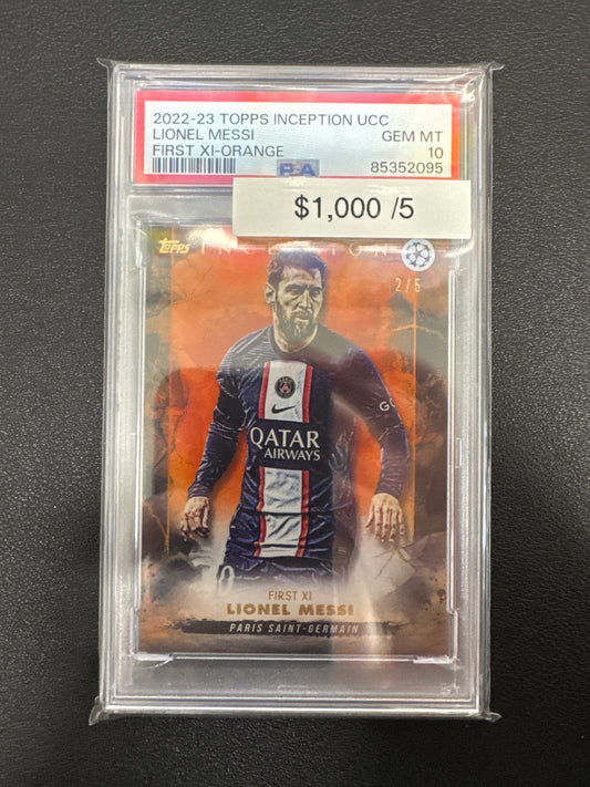 2022-23 Topps Inception UCC Lionel Messi First XI Orange /5 PSA 10
