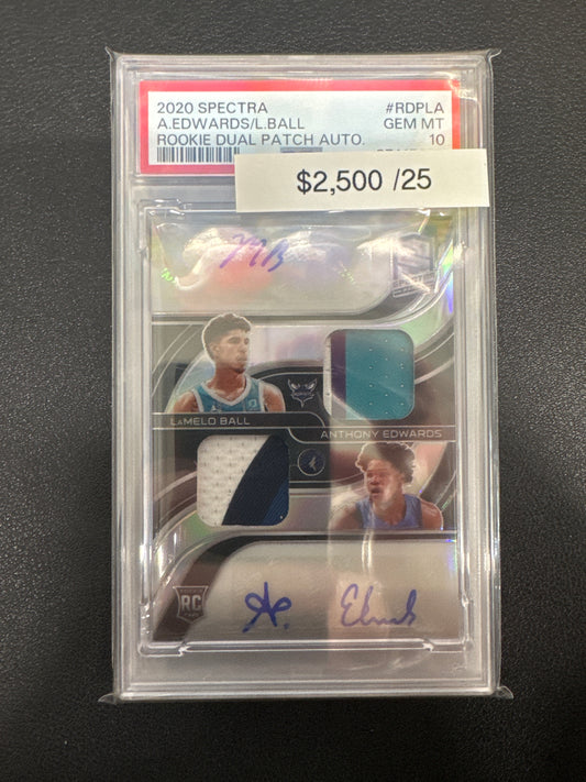 2020 Panini Spectra Anthony Edwards Lamelo Ball Rookie Dual Patch Autograph /25 PSA 10