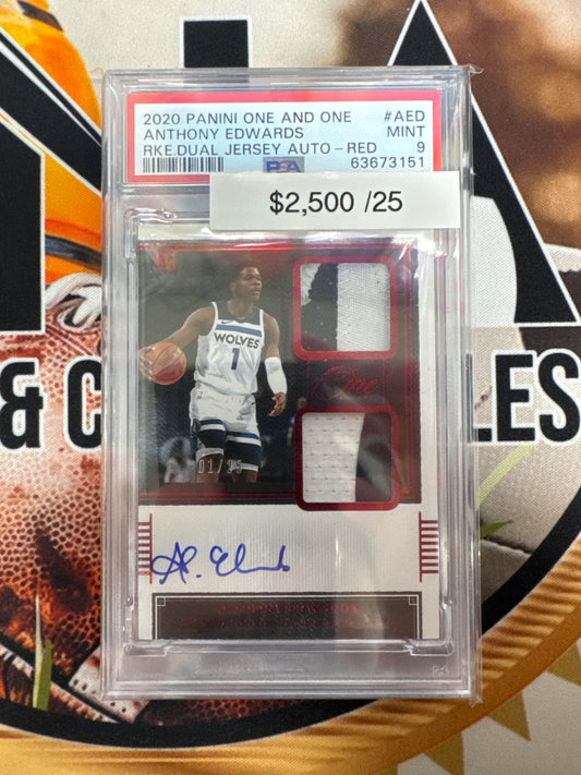 2020 Panini One And One NBA Anthony Edwards Rookie Dual Patch Autograph Red /25 PSA 9