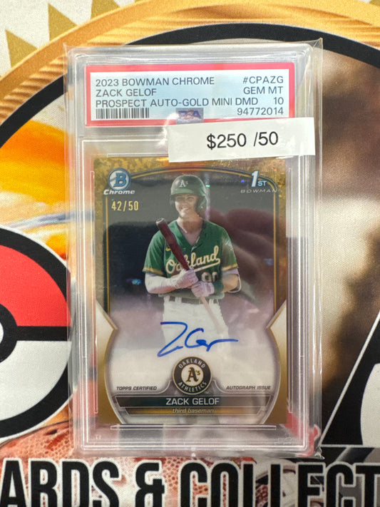 2023 Bowman Chrome Zack Gelof Prospect Auto Gold Mini Diamond /50 PSA 10