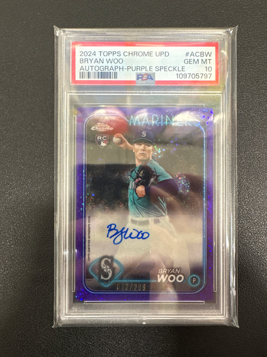 2024 Topps Chrome MLB Update Bryan Woo Rookie Purple Speckle Autograph /299 PSA 10