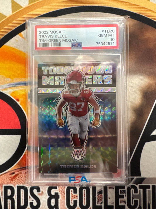 2022 Panini Mosaic NFL Travis Kelce Touchdown Masters Green Mosaic PSA 10