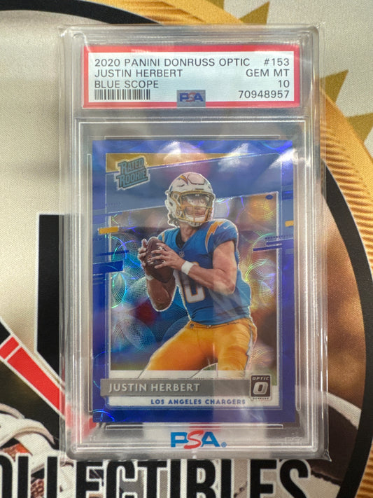 2020 Panini Donruss Optic NFL Justin Herbert Rated Rookie Blue Scope PSA 10