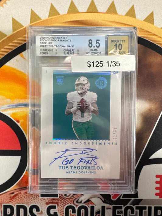 2020 Panini Encased Tua Tagovailoa Rookie Endorsements Sapphire 01/35 BGS 8.5 Auto 10
