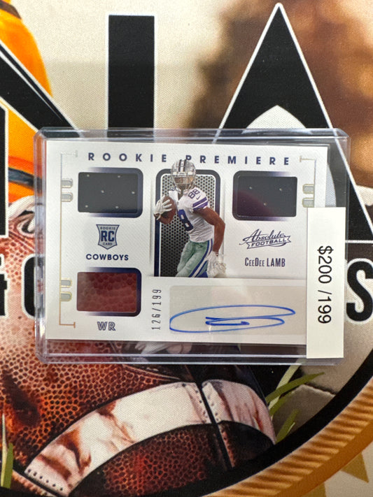 2020 Panini Absolute NFL CeeDee Lamb Rookie Premier Triple Patch Autograph /199