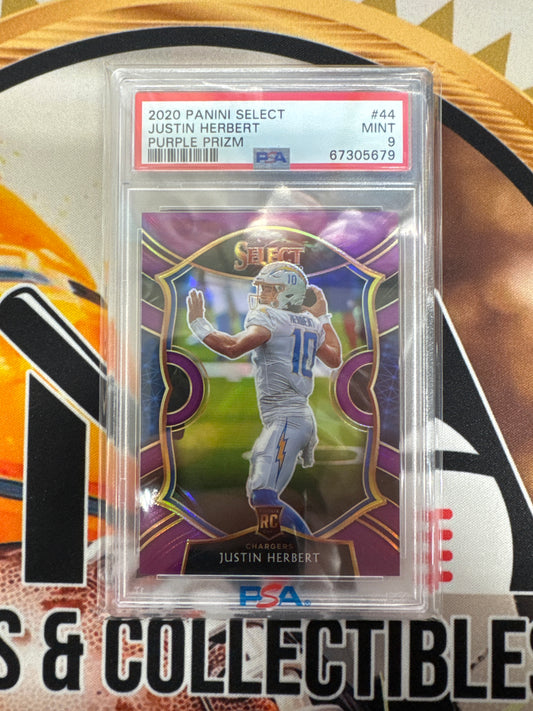 2020 Panini Select NFL Justin Herbert Rookie Purple Prizm /75 PSA 9