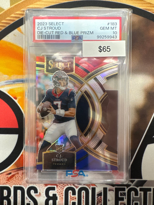 2023 Panini Select NFL C.J. Stroud Rookie Die-Cut Red & Blue Prizm PSA 10