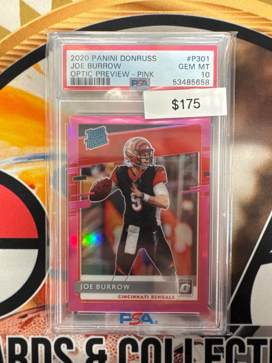 2020 Panini Donruss NFL Joe Burrow Rated Rookie Optic Preview Pink Optic PSA 10