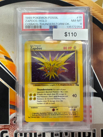 1999 Pokemon Fossil Zapdos Holo 15/62 Cosmos Thunderstorm Deck PSA 8