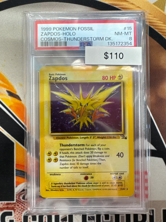 1999 Pokemon Fossil Zapdos Holo 15/62 Cosmos Thunderstorm Deck PSA 8