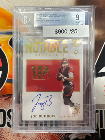 2020 Panini Encased NFL Joe Burrow Rookie Hot Notable Signatures Gold /25 BGS 9 Auto 10