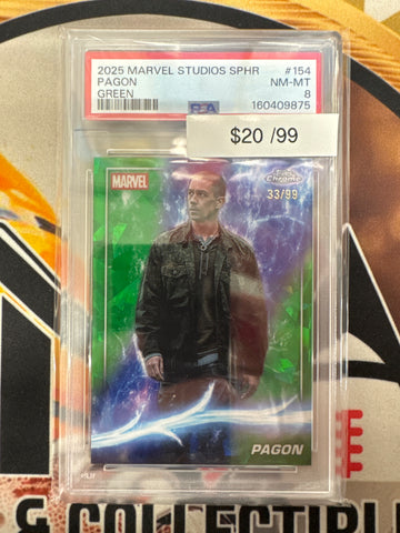 2025 Topps Chrome Marvel Studios Sapphire Pagon Green Refractor /99 PSA 8