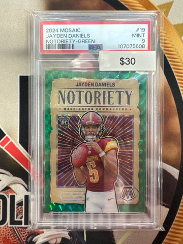 2024 Panini Mosaic NFL Jayden Daniels Rookie Notoriety Green Mosaic PSA 9