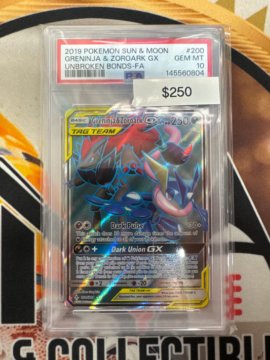 2019 Pokemon Sun & Moon Greninja & Zoroark GX 200/214 Unbroken Bonds Full Art PSA 10