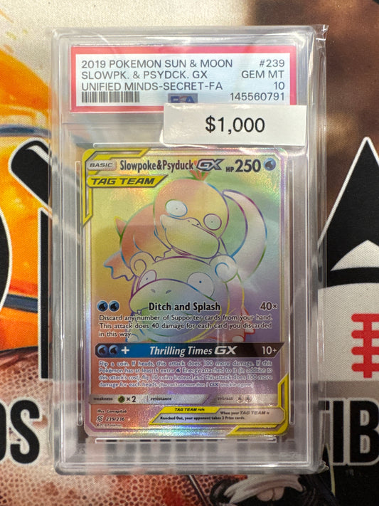 2019 Pokemon Sun & Moon Slowpoke & Psyduck GX 239/236 Unified Minds Secret Full Art PSA 10