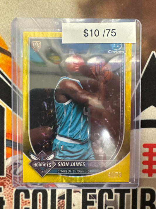 2025-26 Topps Bowman Chrome Basketball Sion James Rookie Yellow Wave Refractor /75