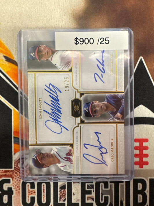2024 Topps Definitive Collection Greg Maddux, John Smoltz & Tom Glavine Triple Autograph Gold /25