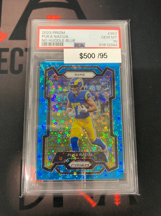 2023 NFL Prizm Puka Nacua No Huddle Blue Rookie /95 PSA 10